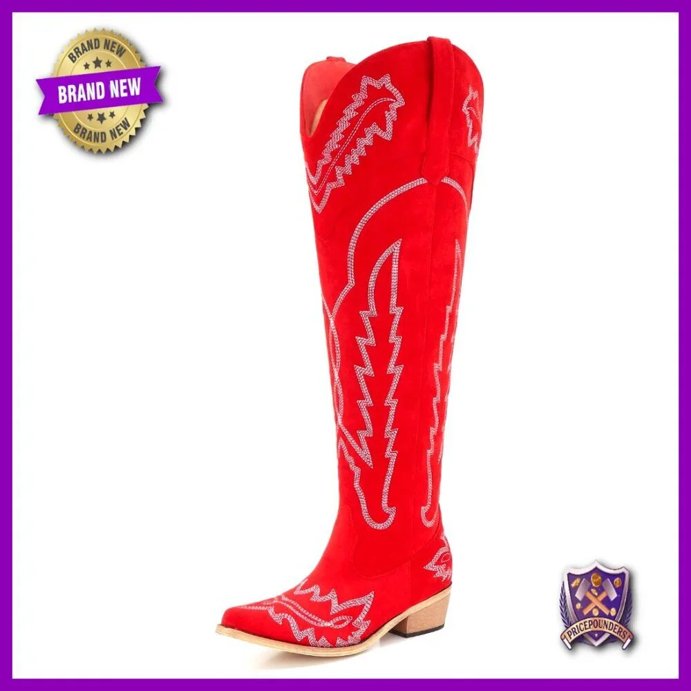 Western Cowgirl Boots Over the Knee Wide Calf Plus Size Mid Heel